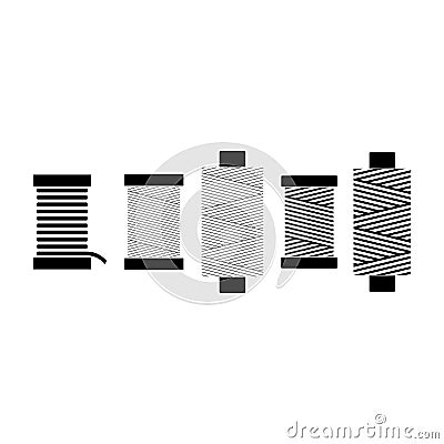 Sewing threads on spools set. Black isolated on white background spool thread icons. Vector Illustration