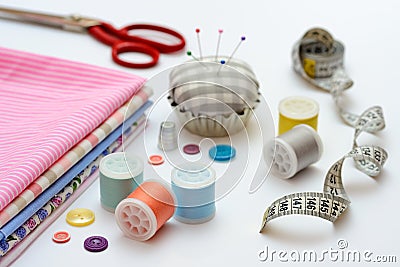 Sewing tools and accessories on table Stock Photo