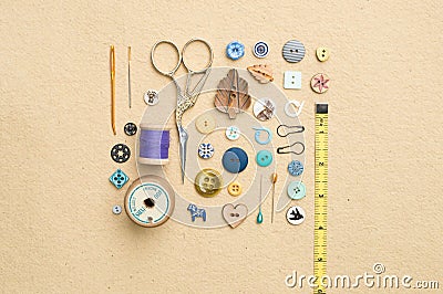 Sewing Tools, Assorted Buttons, and Tape Measure Stock Photo