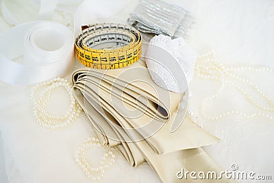 Sewing tools on a table Stock Photo