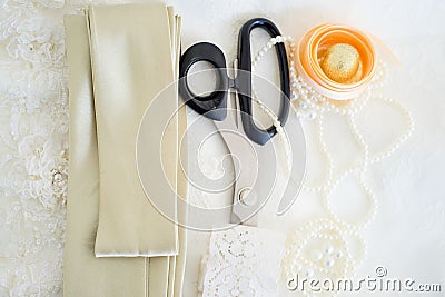 Sewing tools on a table Stock Photo