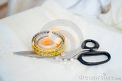 Sewing tools on a table Stock Photo