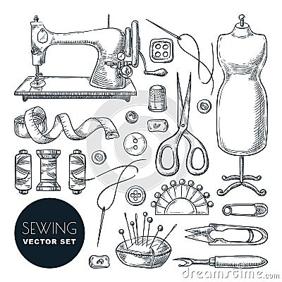 Sewing tools and tailor equipment set. Vector sketch illustration. Craft and handmade sew needlework design elements Vector Illustration