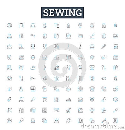 Sewing vector line icons set. Needlework, Seamstress, Fabric, Cutting, Hemming, Basting, Sew illustration outline Vector Illustration
