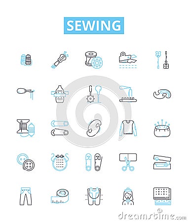 Sewing vector line icons set. Needlework, Seamstress, Fabric, Cutting, Hemming, Basting, Sew illustration outline Vector Illustration