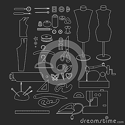 Sewing workshop equipment. Outline tailor shop design elements. Tailoring industry dressmaking tools icons. Fashion designer sew i Stock Photo