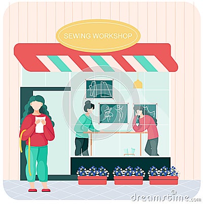 Sewing workshop or professional tailor shop. Atelier facade with awning and big showcase window Vector Illustration