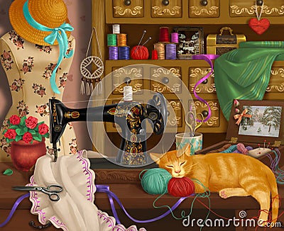 Romantic illustration, cat in the sewing workshop Cartoon Illustration