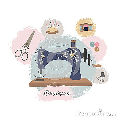 Sewing workshop or tailor shop. Hand drawn vintage sewing machine. Vector Illustration