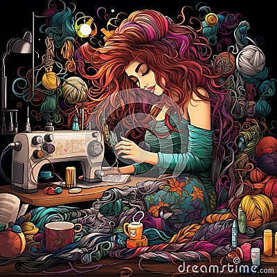 Sewphoria: Where Sewing and Knitting Passions Soar Cartoon Illustration