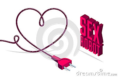 Sex robot vector concept poster with plug in a shape of heart. Vector Illustration