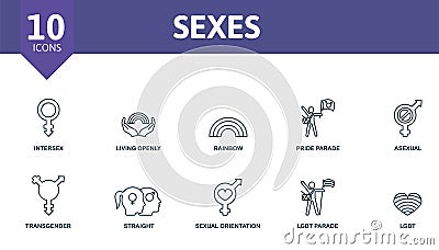 Sexes icon set. Contains editable icons lgbt theme such as intersex, rainbow, asexual and more. Vector Illustration