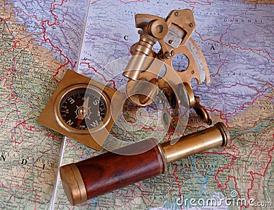 Sextant, atlas and compass Stock Photo