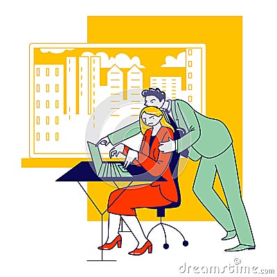 Sexual Assault, Harassment Concept. Male Character Company Boss Put Hand on Woman Shoulder at Workplace Vector Illustration