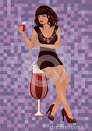 Sexual brunet girl with red wine Vector Illustration