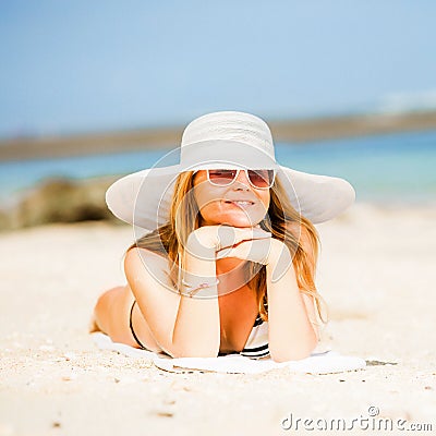 Sexual happy blond girl with sunglasses and white Stock Photo