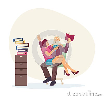 Sexual harassment, assault, abuse incident in office. Girl sits on knees to elderly boss who reads book. Violence coercion at work Vector Illustration