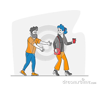 Sexual Harassment, Assault, Exaction Concept. Pretty Young Woman Walk with Cup of Coffee, Grinning Man with Lustful Face Vector Illustration