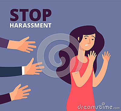 Sexual harassment concept. Woman and mans hands. Stop abuse, against violence vector background Vector Illustration
