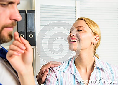 Sexual harassment at workplace. Workforce sexual harassment. Try to seduce director. Female take sexual initiative Stock Photo