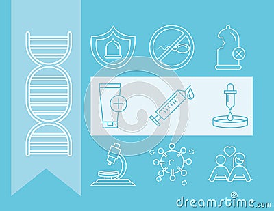 Sexual health, medical gynecology prevention and protection icons line blue Vector Illustration