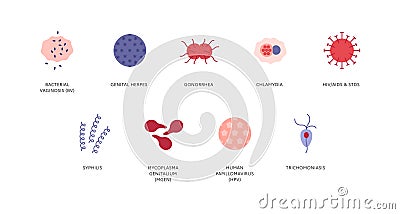 Sexual transmitted disease infographic. Vector flat healthcare illustration color icon set. STD infection type. HIV, HPV, Vector Illustration