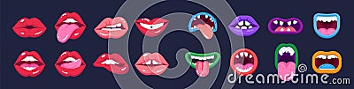 Sexual woman and monster mouths. Red lips and scary monster teeth. Sexy woman lips expressing emotions Vector Illustration