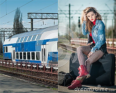 attractive girl with red head boots posing on the platform in railway station. Blonde woman in blue jeans jacket sitting Stock Photo