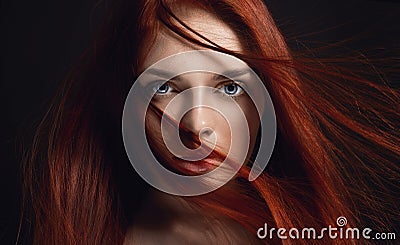 beautiful redhead girl with long hair. Perfect woman portrait on black background. Gorgeous hair and deep eyes Natural beauty Stock Photo