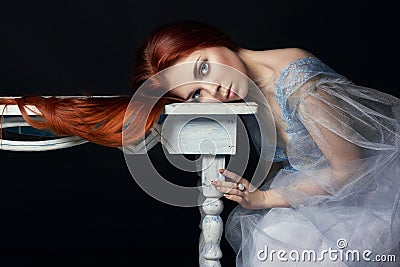 beautiful redhead girl with long hair Perfect woman portrait on black background. Gorgeous hair and deep eyes. Natural beauty Stock Photo