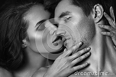 beauty couple.Kissing couple portrait.Sensual brunette woman in underwear with young lover, passionate couple Stock Photo
