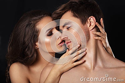 beauty couple.Kissing couple portrait.Sensual brunette woman in underwear with young lover, passionate couple Stock Photo