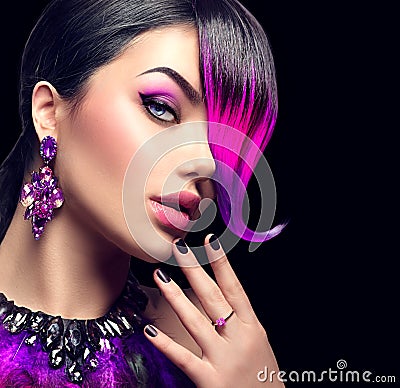 beauty fashion woman with purple dyed fringe Stock Photo