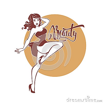 and beauty retro pinup girl and lettering beauty for your l Vector Illustration