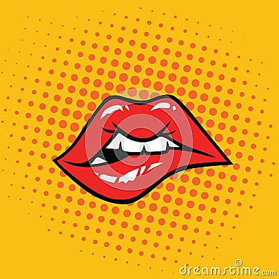 Biting Lips Pop Art Vector Illustration