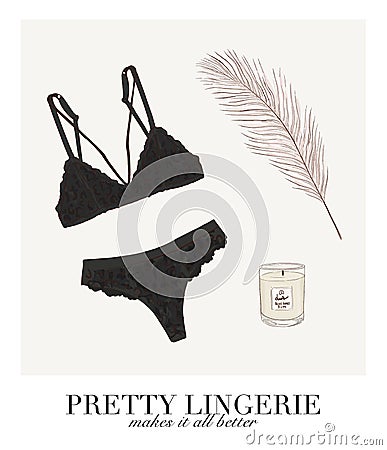 Sexy black bra and panties set illustration. Lingerie store quote, underwear shape text. Undies store advertising Vector Illustration