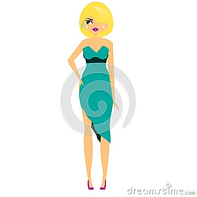 cartoon woman in party cocktail dress. Fashionable female in dressy blue outfit Vector Illustration