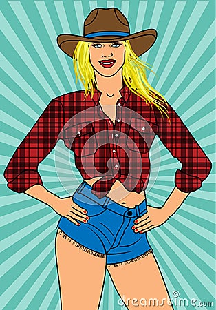 Country Girl In Short Jean Shorts And Plaid Shirt. Vector Colorful Background In Pop Art Retro Comic Style. Vector Illustration