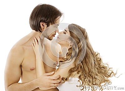 Couple, Young Naked Man Kissing Beautiful Woman, Love Kiss Stock Photo