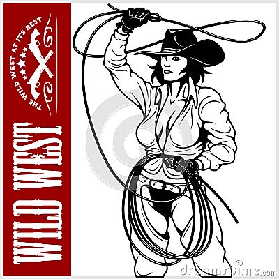 Cowgirl with Lasso isolated on white Vector Illustration