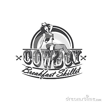 Cowgirl sitting on the letters Cowboy Breakfast skillet. American cuisine. Vector illustration. Vector Illustration