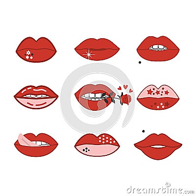 Sexy and cute romantic red and pink women lips icons set and design element on white Vector Illustration