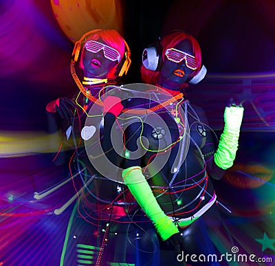 Glow uv neon disco female cyber doll Stock Photo