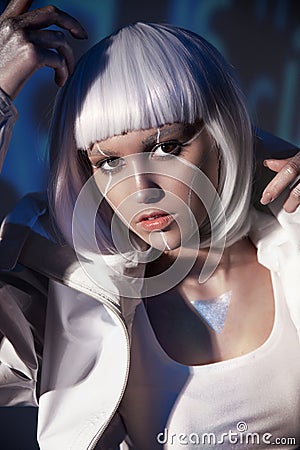 Sexy Cyborg girl. Artificial Intelligence. Female prototype robot. Stock Photo