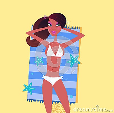 dark skin woman on the beach sand Vector Illustration