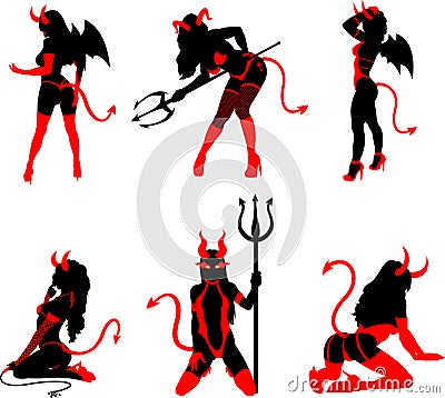 Sexy Devil Girl Silhouettes. Vector Collection Set Vector Illustration