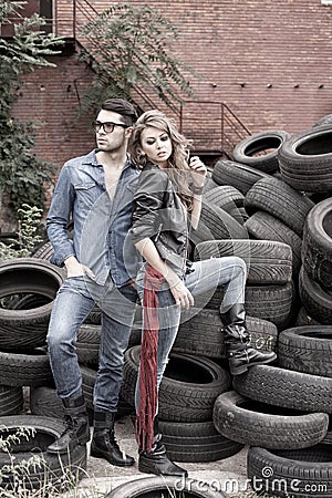 and fashionable couple wearing jeans Stock Photo