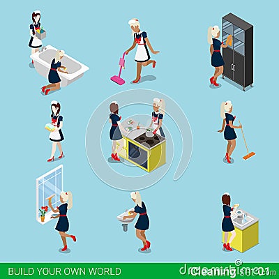 female housemaid maid cleaner flat 3d isometr Vector Illustration