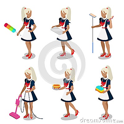 female housemaid maid cleaner flat 3d isometric vector Vector Illustration