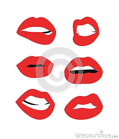 Sexy Female Lips with Matt Red Lipstick. Flat Style Vector Fashion Illustration Woman Mouth. Gestures Collection Expressing Vector Illustration